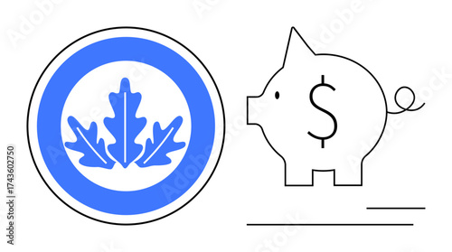 Oak leaf badge alongside outlined piggy bank with dollar sign. Ideal for finance, ecology, conservation, savings, sustainability, investment, eco-friendly concepts. Clean simple flat metaphor