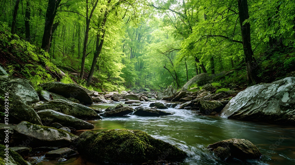Fototapeta premium Flowing water cascades through a vibrant, lush green forest, with sunlight dappling the foliage and illuminating the rocky riverbed.