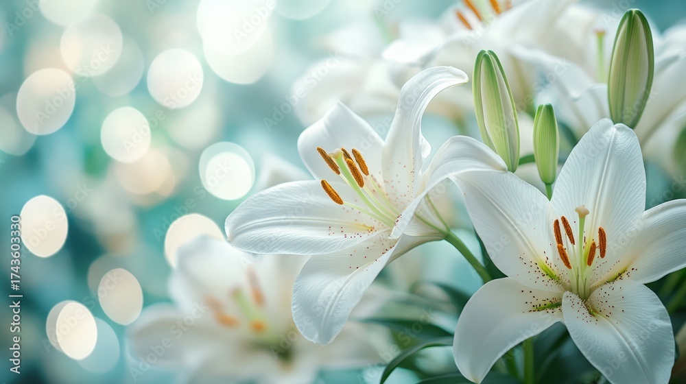 Fototapeta premium A close-up of elegant white lilies against a soft, blurred background, creating a serene and fresh atmosphere.