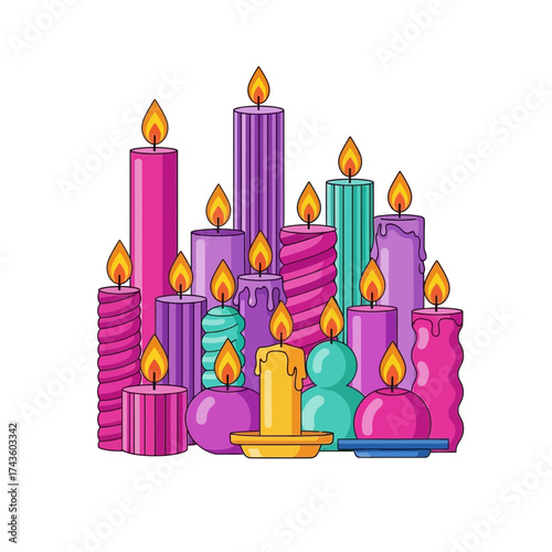Colorful, stylized illustration of various burning candles, each with a unique shape and hue, arranged together.