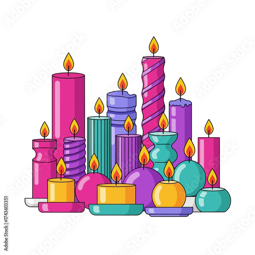 A vibrant illustration showcasing a collection of colorful candles, each with a flickering flame, arranged together.