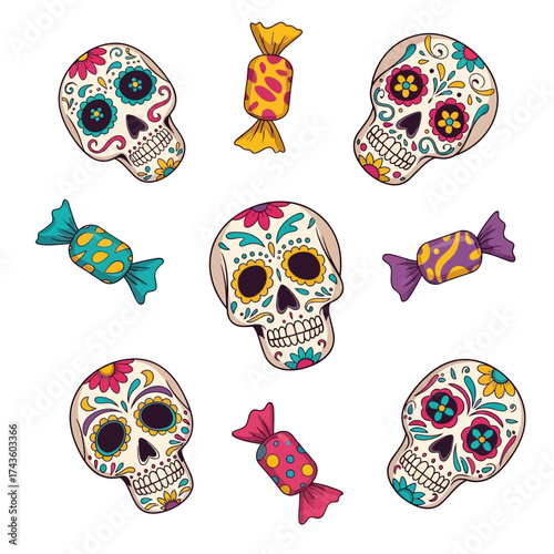 Colorful Dia de los Muertos skulls and wrapped candies arranged on a white background.