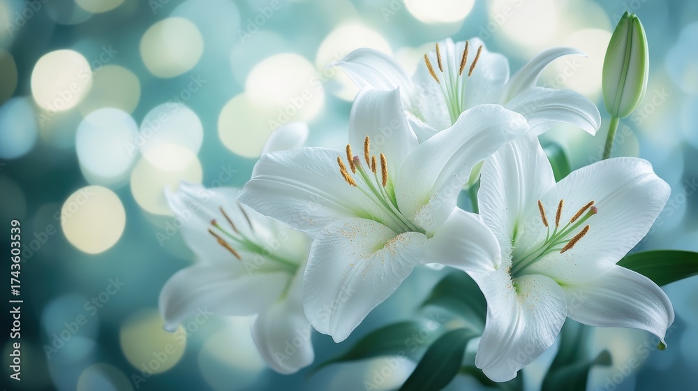 Fototapeta premium A serene arrangement of white lilies against a soft, blurred background, creating a tranquil and elegant atmosphere.