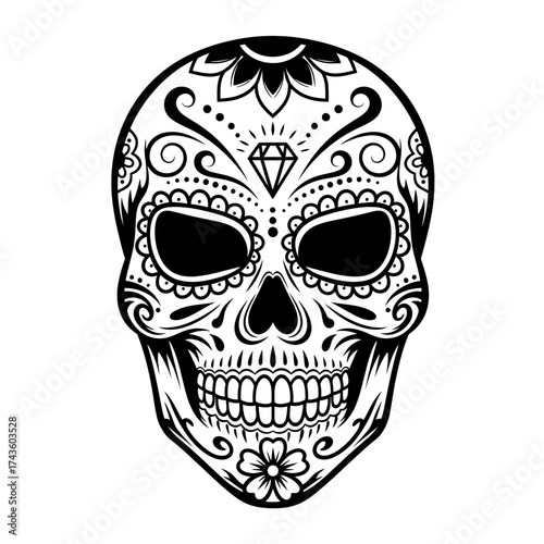 Intricate black and white illustration of a decorated sugar skull, showcasing details.