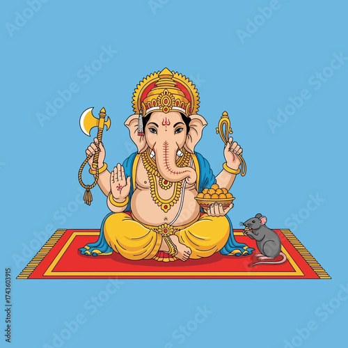Cartoon illustration of the Hindu god Ganesha seated on a rug with a mouse, holding an axe and sweets.