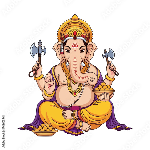A vibrant illustration of the Hindu deity Ganesha seated in a meditative pose, holding sweets and weapons.