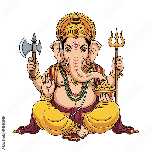 The vibrant stained glass vector illustration depicts the Hindu god Ganesha as a benevolent cartoon saint