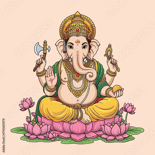 Illustration of Hindu god Ganesha seated on a lotus flower, holding an axe and a sweet.
