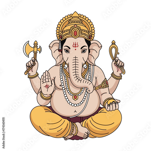 A colorful vector illustration of Hindu god Ganesha with an Asian dragon design in a golden temple
