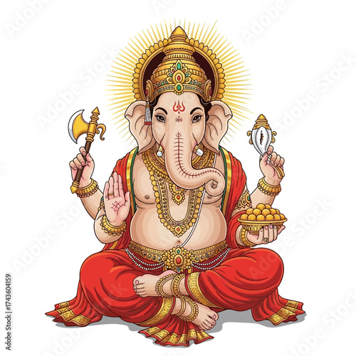 A vibrant illustration of the Hindu deity Ganesha, seated in a meditative pose, holding symbolic objects.