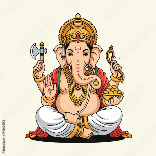 Illustration of Hindu God Ganesha seated in a lotus position, holding an axe, sweetmeats, and a rope.