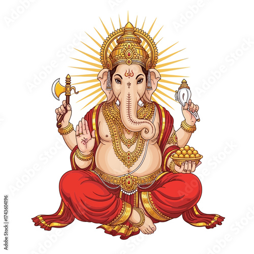 Illustration of Lord Ganesha seated in a lotus position, holding an axe, a sweet, and a conch shell.