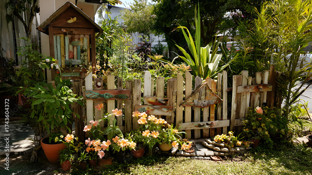 Obraz premium Colorful flower garden with wooden fence and decorative elements