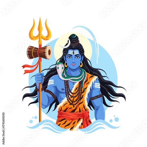 Illustration of the Hindu god Shiva holding a trident, with a snake around his neck and a drum.
