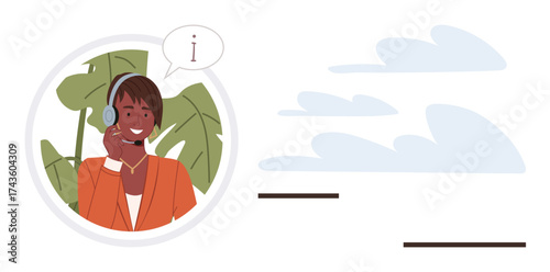 Smiling person in headset with a speech bubble offering assistance, framed by green leaves. Ideal for customer support, communication, online help, service industry, remote work, teamwork, simple