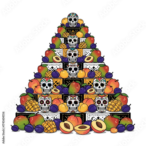A vibrant pyramid of fruit and decorated sugar skulls, a Day of the Dead celebration.