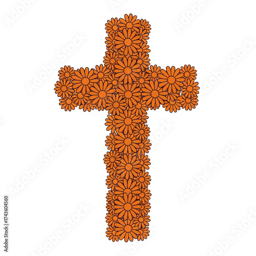 A cross shape formed from many orange daisy flowers, isolated on a white background.