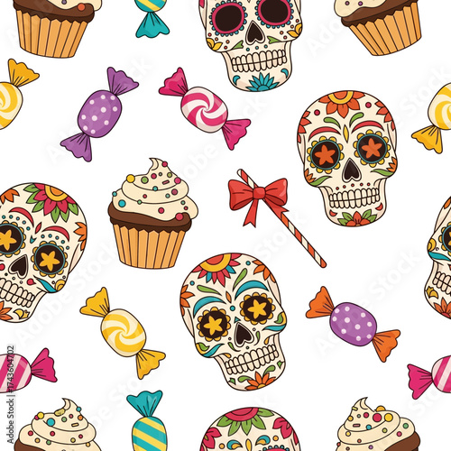 A vibrant and playful pattern showcasing decorated sugar skulls, cupcakes, and candies.