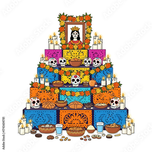 Colorful Day of the Dead altar with food, candles, skulls, papel picado, and a portrait.