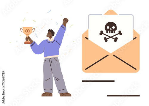 Person raising trophy in triumph next to envelope containing danger sign. Ideal for achievements, risks, success, warnings, cybersecurity, contrasts, simple flat metaphor