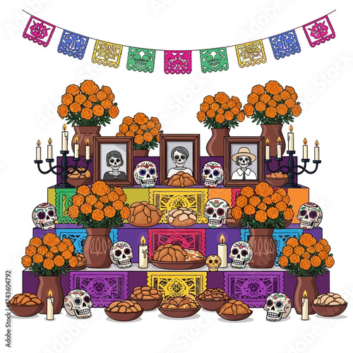A colorful illustration of a Day of the Dead altar, decorated with traditional elements.