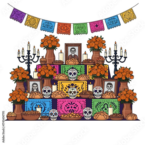 A vibrant illustration of a Day of the Dead altar with traditional elements.