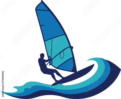 Windsurfer Gliding on Waves Graphic Vector Art for Water Sports Enthusiasts