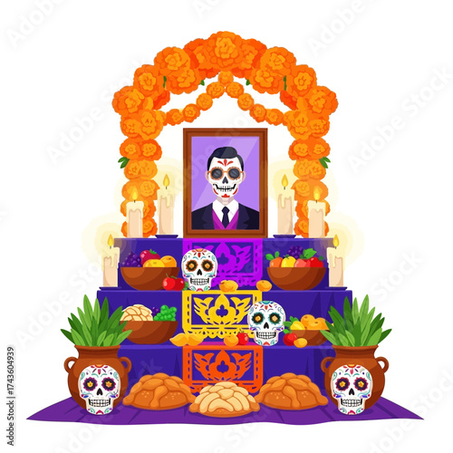 A vibrant illustration of a Day of the Dead altar, featuring a portrait, flowers, food, and skulls.