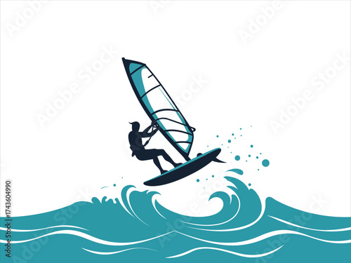 Windsurfer riding a wave, vector illustration of extreme water sport