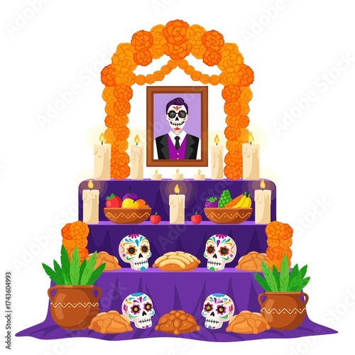 A colorful illustration depicting a Day of the Dead altar with traditional elements.