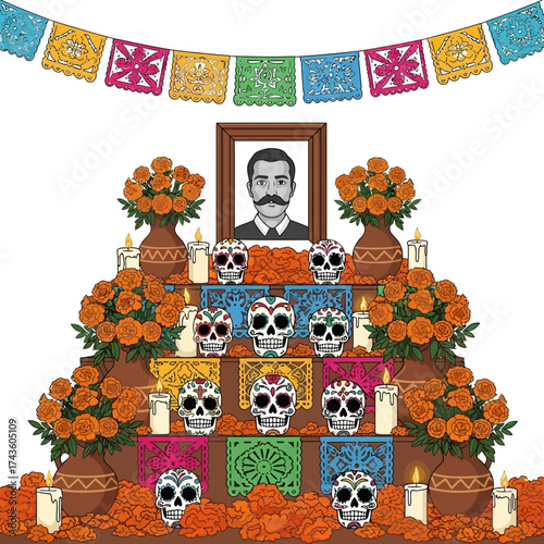 A vibrant Day of the Dead altar featuring sugar skulls, marigolds, candles, a portrait, and colorful papel picado banners.