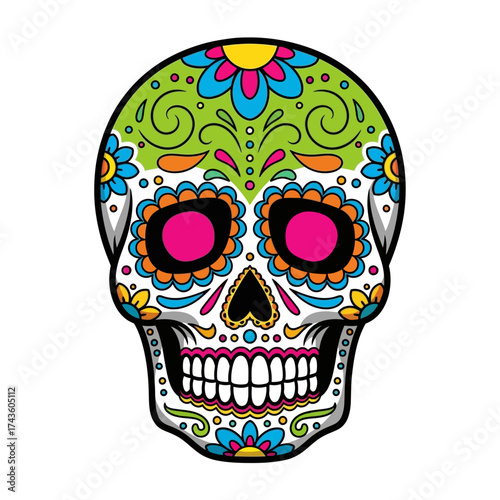 Colorful sugar skull illustration featuring floral designs and vibrant colors against a white background.