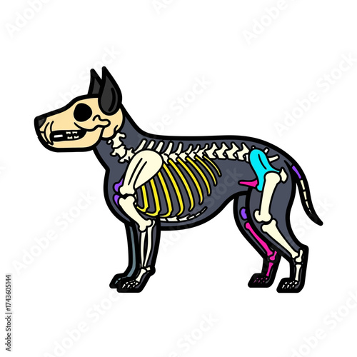 A stylized illustration depicting the skeletal structure of a dog, showing bones.