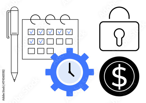 Pen with checklist calendar, blue gear with clock, security lock, and dollar sign representing planning, productivity, security, financial efficiency, scheduling, savings workflow optimization