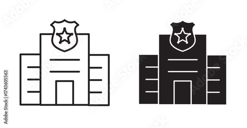 A police station icon typically depicts a building, often with elements like a police car, a badge, or a star, representing law enforcement.