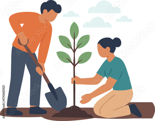 Couple Planting Tree Together Illustration