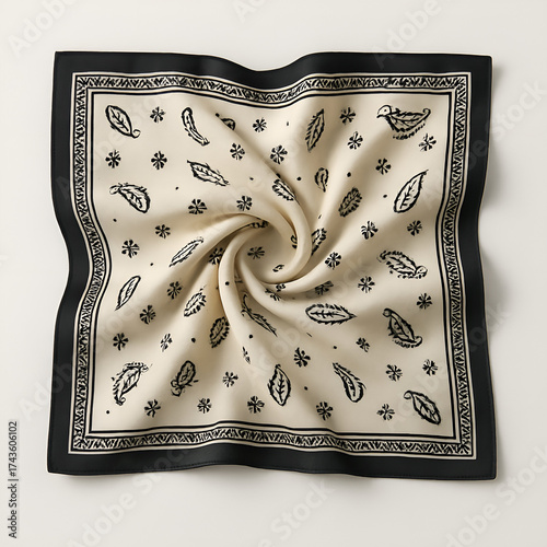 Wallpaper Mural Beige Bandana With Black Border and Paisley Floral Pattern, Elegant Fabric Accessory for Fashion and Style Torontodigital.ca