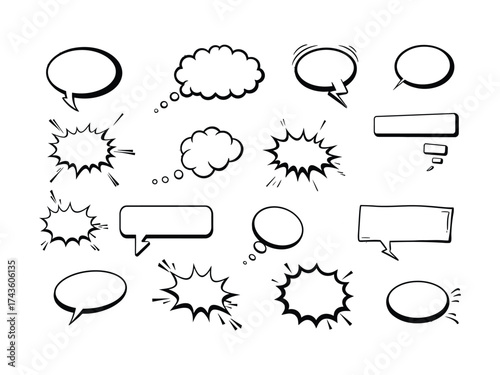 Collection of hand-drawn speech bubbles and thought clouds for comic book style communication