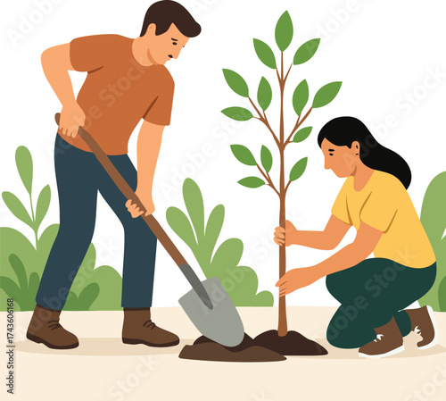 Couple Planting Tree Together Illustration