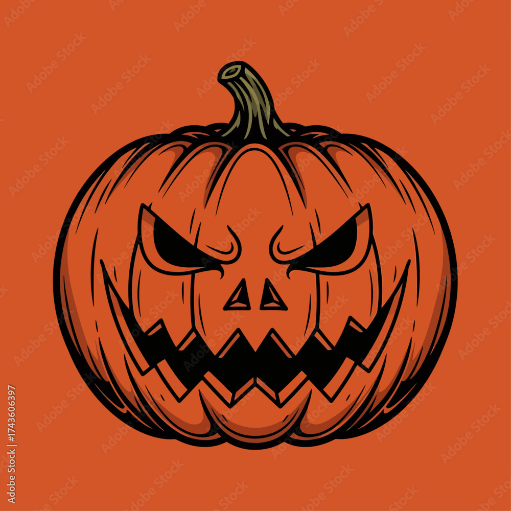 Fototapeta premium A carved orange pumpkin with a menacing face against an orange background.
