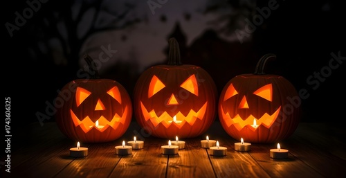 Wallpaper Mural Three carved Halloween jack o lantern pumpkins illuminate a dark night. Spooky decoration template banner with glowing eyes and mouths for Halloween holiday with copy space. Torontodigital.ca