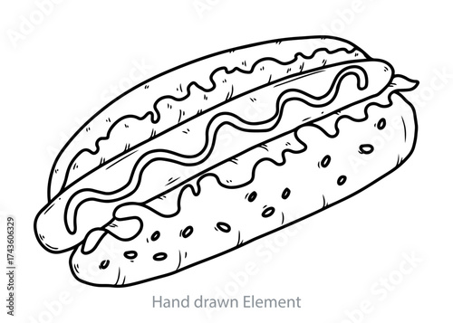 Black and white illustration of a delicious hot dog with mustard, ready to eat.