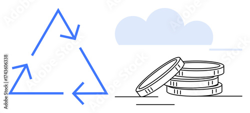 Blue recycling triangle with curved arrows next to coin stacks and cloud, signifying eco-friendly finance. Ideal for sustainability, economy, waste management, environment, saving, renewable