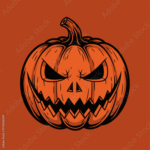 A detailed hand-drawn illustration of a classic scary Jack O' Lantern, the iconic spooky face of the Halloween autumn festival celebration