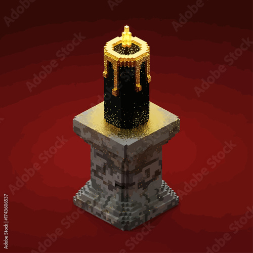 A magical black candle with dripping gold wax on a stone pedestal. Isometric 3D voxel art illustration for a fantasy game