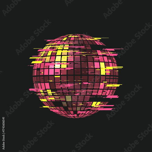 Futuristic digital art of a fragmented disco sphere experiencing a vibrant glitch effect, with distorted pink and yellow pixels on a dark background