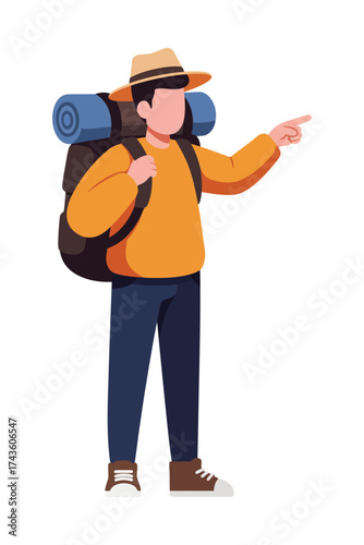 Vector illustration of a standing tourist character, a cartoon person or guy with a hat