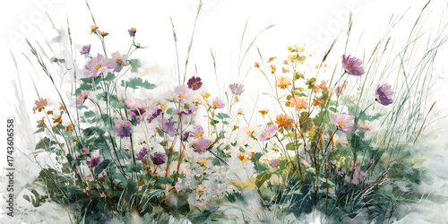 Watercolor wildflowers and grasses with white and purple blooms