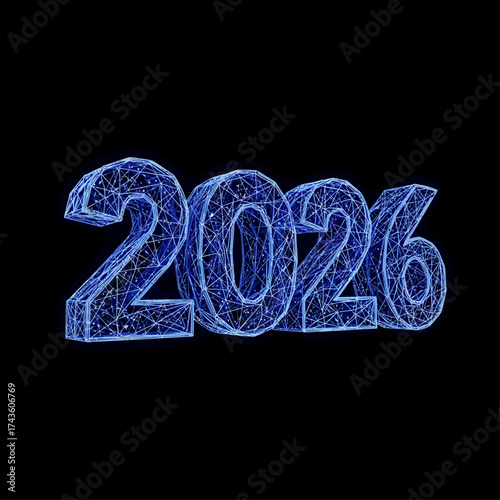 Luminous blue plexus network forming the number 2026, illustrating future technology and digital connection concepts
