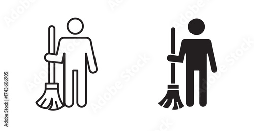 A janitor icon typically depicts cleaning tools and is used to represent maintenance, cleanliness, and janitorial services